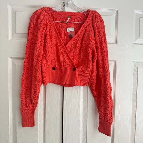 Free People Olive You Cardigan XS Coral Pink | Wrap Surplice Knit NWT No Tags - Picture 8 of 9